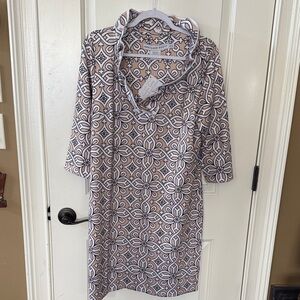 Gretchen Scott Grand Bazaar Print dress with ruffle collar. Size L. NWT.